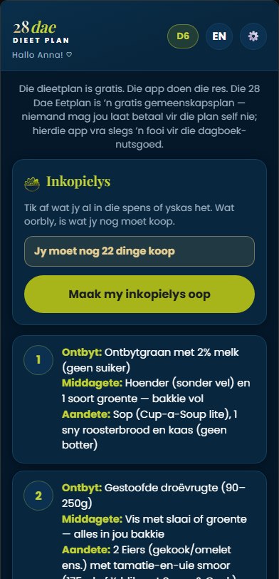 Plan-skerm met die inkopielys en die 28 dae se etes