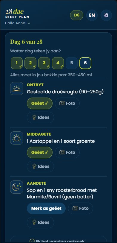 Die app se Vandag-skerm: dag 6 van 28, met ontbyt, middagete en aandete om af te tik.